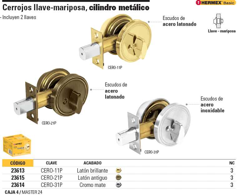 Lock, bright brass, butterfly cylinder, Hermex Basic Key-ZERO-11P – HEMUSA
