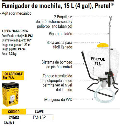 Fumigador de mochila 15 lts Pretul Clave FM 15P