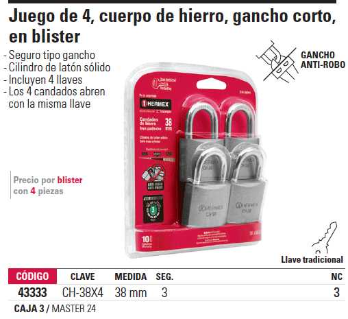 Iron padlocks, 38mm, blister pack of 4 pieces Key-CH-38X4 – HEMUSA