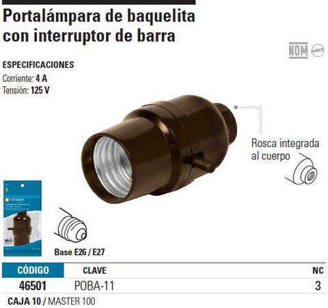 Portalámpara de baquelita, con interruptor de barra, Volteck