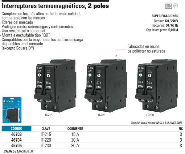 Volteck 2-pole 30A thermomagnetic circuit breaker, Key-IT-230 – HEMUSA