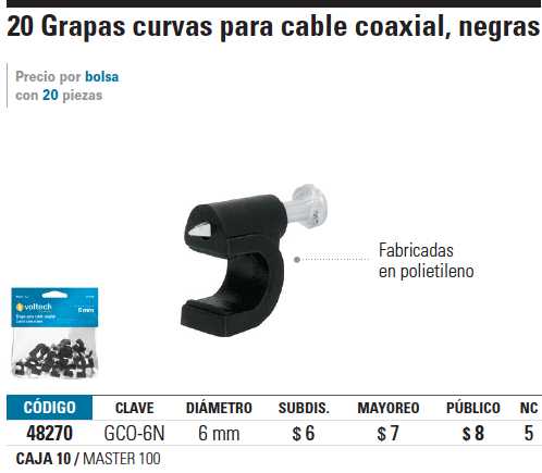 Grapa para Cable de 6mm bolsa con 50 piezas Grapa sujetador para cable UTP,  Coaxial, RJ45, de Video, Grapa Blanca