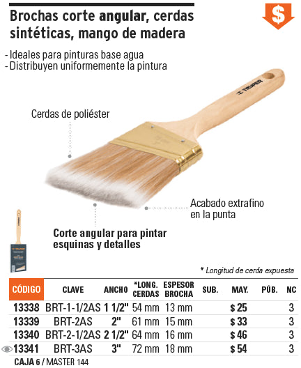 Brocha 2', mango madera, corte angular, cerdas sintéticas Clave